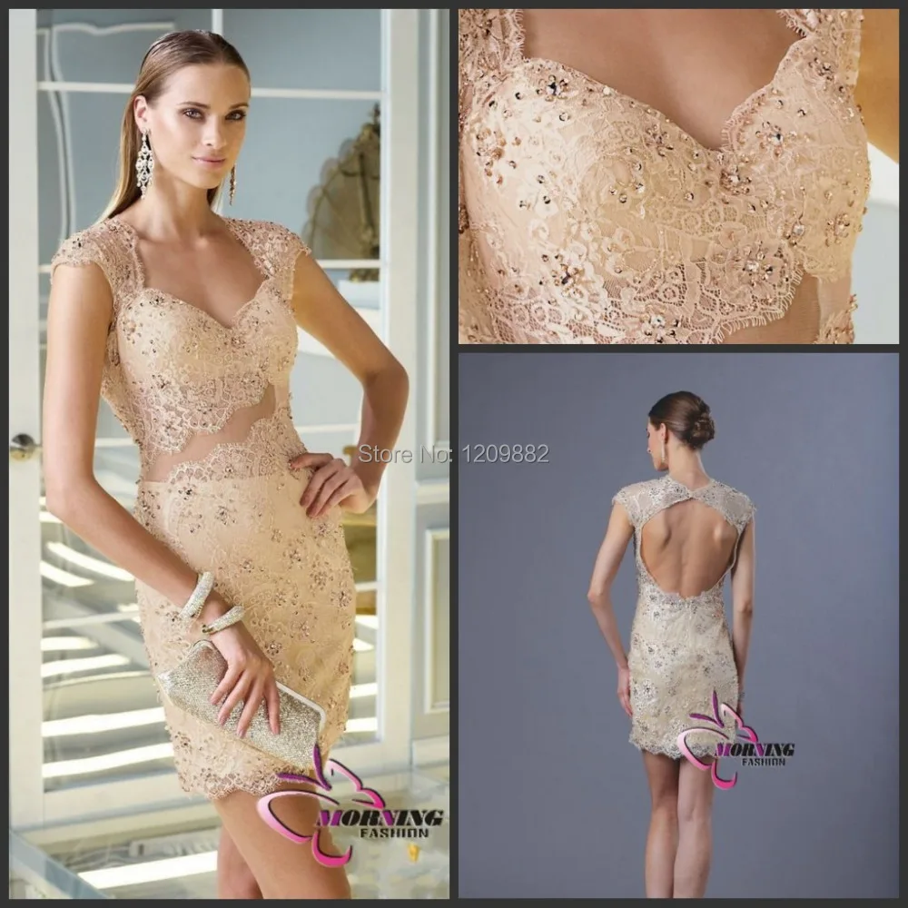 Sexy Look Through Tulle Cocktail Dresses Cap Sleeves Lace Crystal Mini Women Evening Party Dress 2014 | Свадьбы и торжества