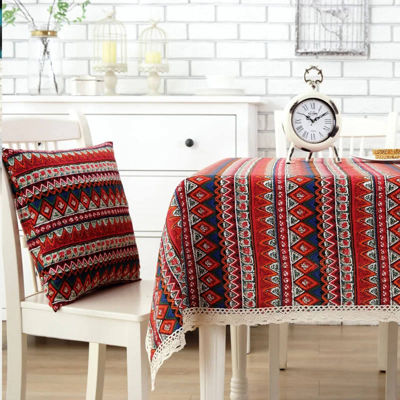 

Bohemian Cotton and Linen Tablecloth Middle East Style Red and Blue Rectangle Table Cloth Home Decor Wedding Decoration