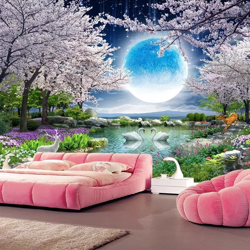 Custom Mural Wall Paper Moon Cherry Blossom Tree Nature Landscape Wall Painting Living Room Bedroom Photo Wallpaper Home Decor