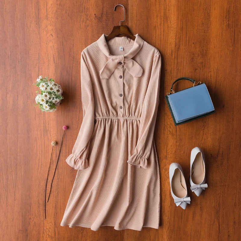 

2019 Autumn Summer New Sweet Dress Women Bow Collar Loose Long-sleeved Slim Dresses Fashion Trend Women's Streetwear Ukraine Hot