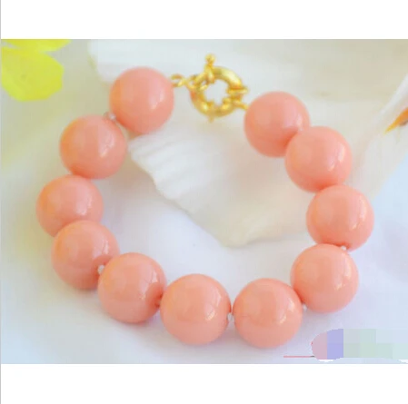 

P4862 8" 16mm CORAL PINK ROUND SOUTH SEA SHELL PEARL BRACELET@^Noble style Natural Fine jewe SHIPPING new >>free shipping -Bride