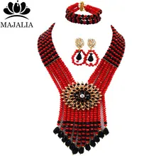 Majalia Мода нигерийские Свадебные африканские Бусины комплект ювелирных изделий черный и красный цвета Бусины Цепочки и ожерелья Браслет Серьги Ювелирные наборы au031