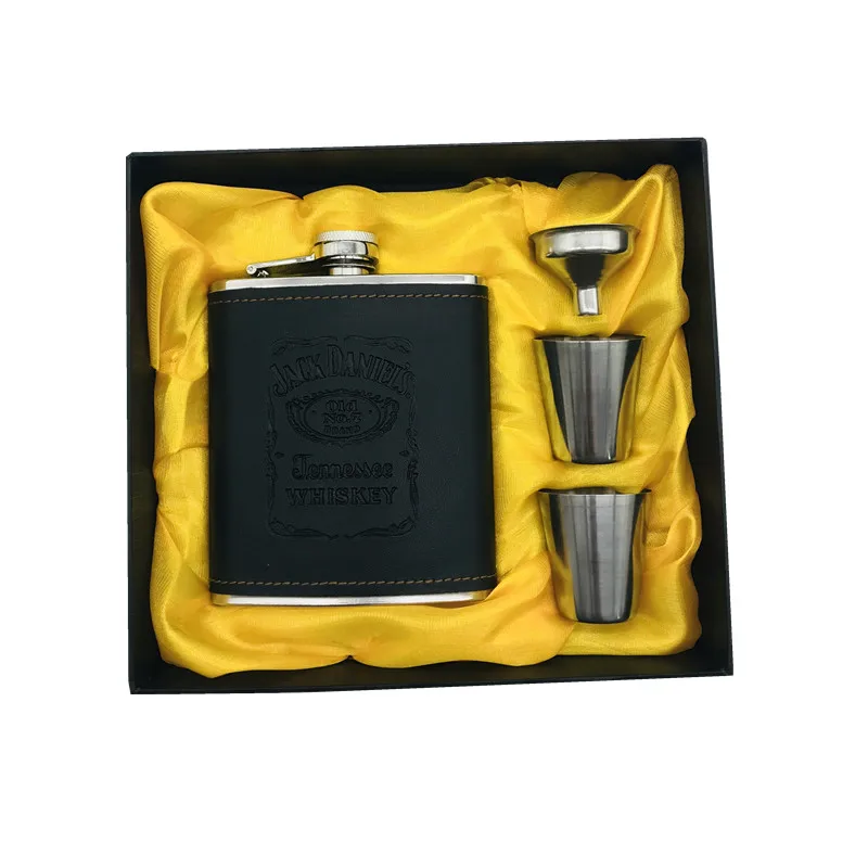 Hot sale 7oz Pu Leather Wrapping whisky Funnel cccp Flagon Stainless steel Alcohol Jack Hip Flask SET With Black Gift Box Set