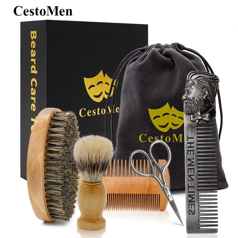 

CestoMen Men Care Beard Kit Gift Box Haircut Scissors Mustache Massage Comb Beard Set Boar Bristle Wood Beard Brush And Comb Set