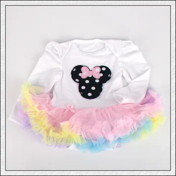 

1PC Rainbow Tulle Lace Romper Bowtie Cartoon Baby Girls Long Sleeves Tutu Dress for 0-12months Free Shipping