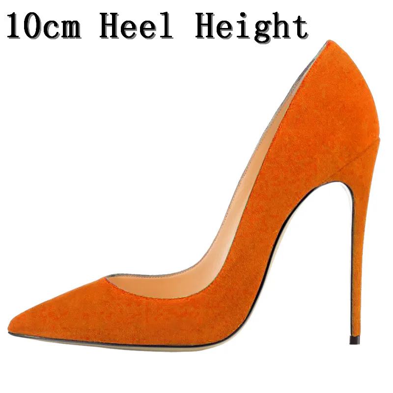 Flock Leather Shoes Women Orange Suede High Heels Shoes Woman Pointed Toe Sexy Thin Heels Dress Party Ladies Pumps Shoes Lady