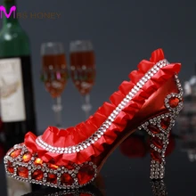 Luxury Rhinestone Crystal Laies shoes High heells Bridal Wedding Dress Shoes Red Flower Round Toe Lady Party Dancing Dress Shoes