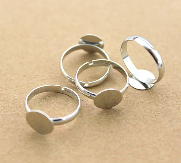 50Pcs Silver Tone Metal Adjustable Ring With Blank Glue On Pad 6mm 8mm 10mm 12mm 