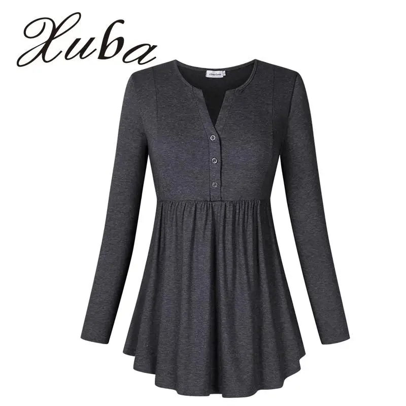 XUBA Для женщин простой с длинным рукавом Плиссированные Button Up V Средства ухода за
