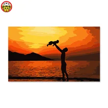 Diy digital oil painting Abstract picture, sunset and sea view, father and son drawing by numbers for children picture by number