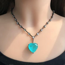 Роскошное зеленое синее ожерелье с подвеской в виде сердца из Fusion stone для женщин, Искрящиеся Чокеры Колье из кубического циркония, модное ювелирное изделие
