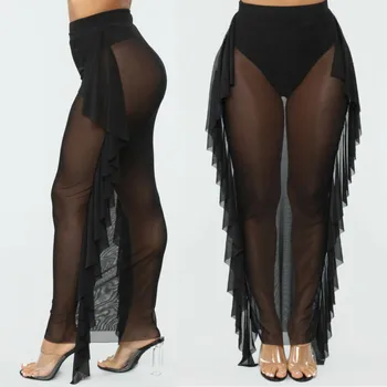 

Summer Beach Skirts Women Sexy See Through Beachwear Swimwear Lady Beach Cover Ups Ruffle Perspective Hollow Female Beach Skirt