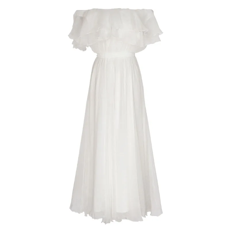

PERHAPS U white chiffon strapless off shoulder ruffle maxi long dress beach sleeveless vocation solid loose D0481