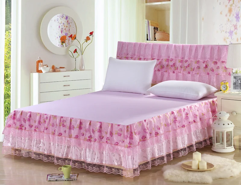 100 Polyester pink lace bed skirt elastic bed bedspread exquisite lace