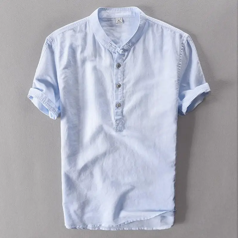 Mens Pullover Linen Shirts Short Sleeve Mens Quality Casual Shirts Slim fit Solid Mandarin Collar Cotton Men TS-155 Cotton Shirt Men Casual Shirt