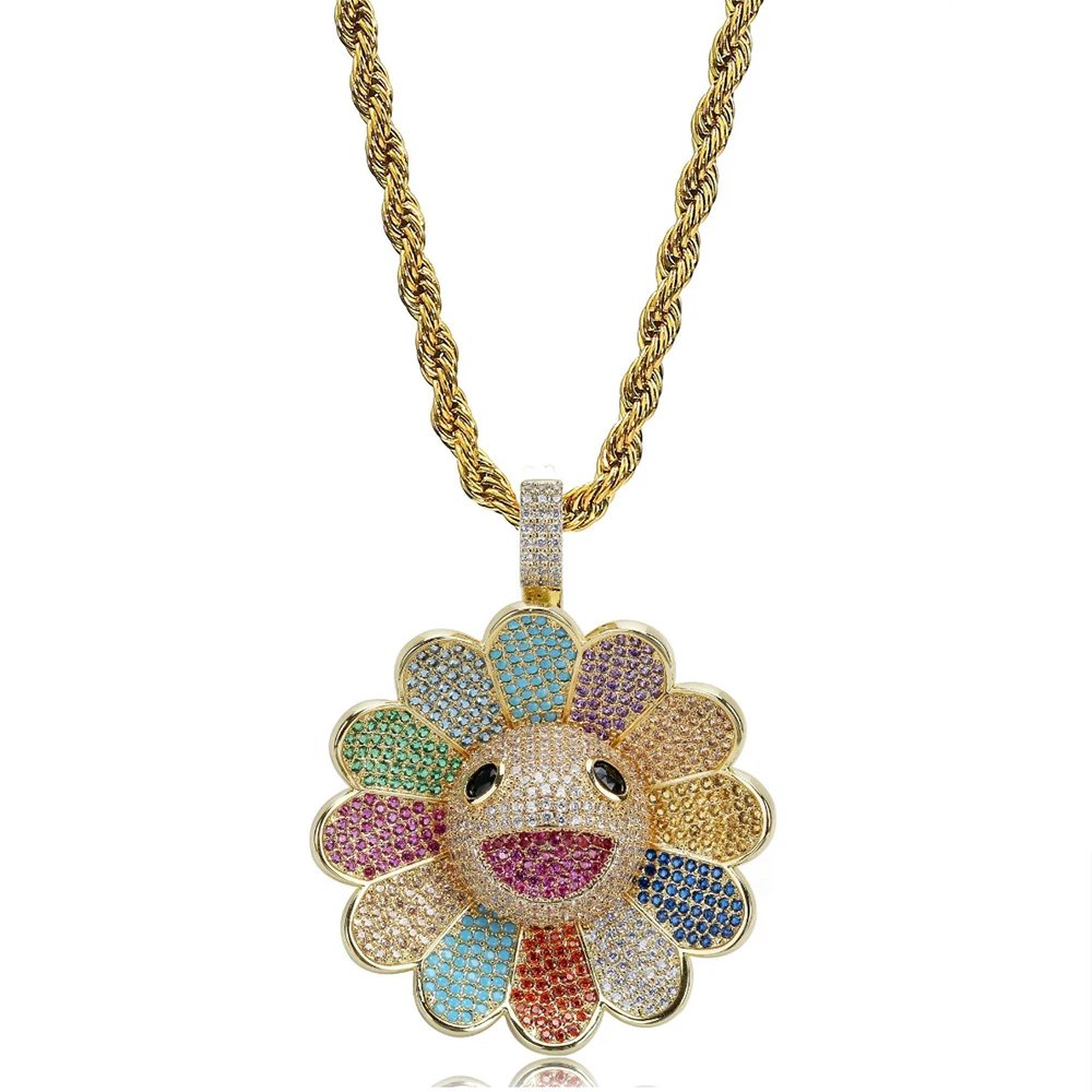 

Hip Hop Rotatable Sunflower Pendanty Necklace For Man Women Fashion Pave AAA Cubic Zirconia Bling Ice Out Rapper Jewelry