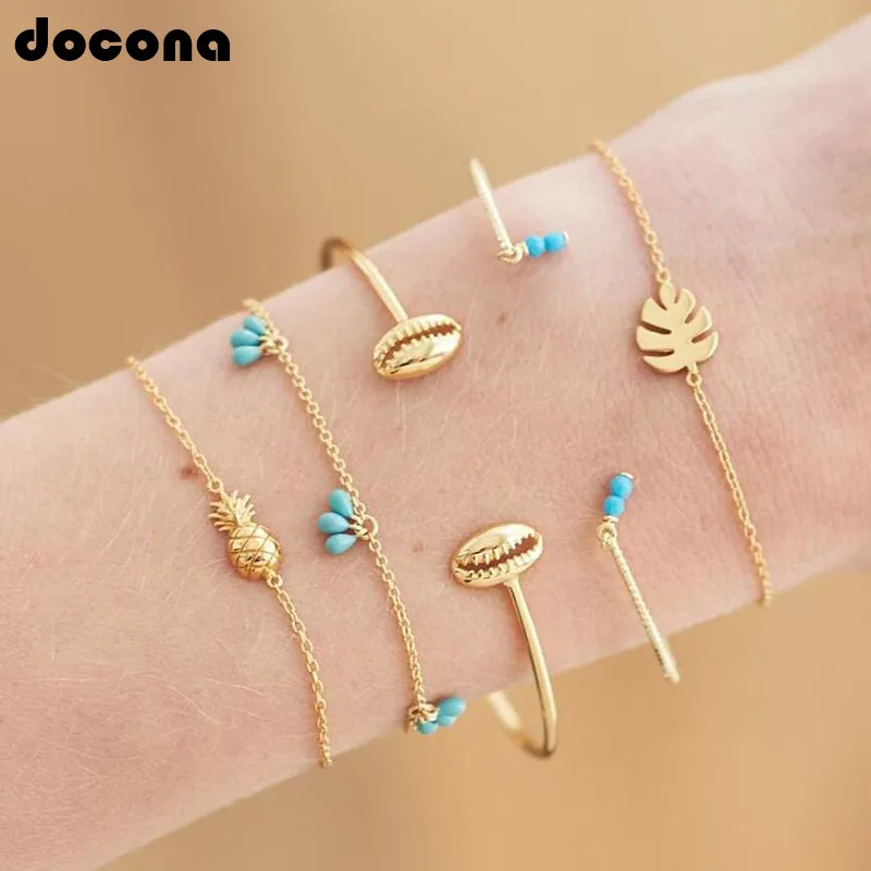 

Docona Cute Boho Metal Gold Chain Shell Leaf Pineapple Beads Layered Bracelets Set For Women Summer Charm Open Jewelry 4167