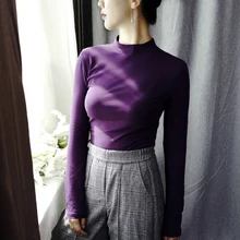 95% Cotton Spring Autumn Winter Women T Shirts Half Turtleneck Long Sleeve Solid Big Size 3XL Women Tee Shirts Camiseta feminina