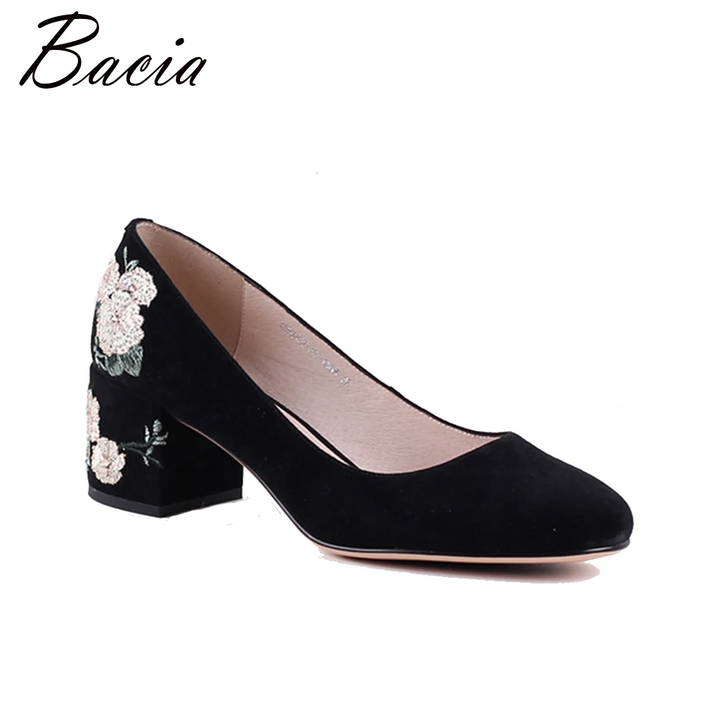 

Bacia Women Thick heel Genuine Leather Shoes High Heels Black Round Toe Pumps High quality Embroide Sheepskin Shoes MWA015