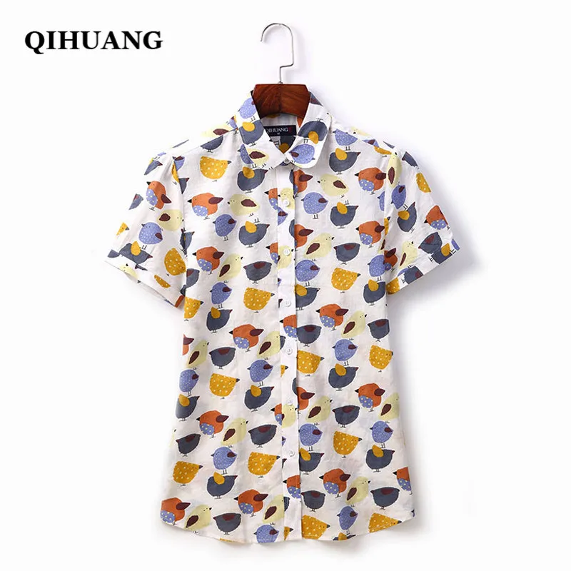 QIHUANG Women Short Sleeve Shirt Blouse Fashion Cartoon Chicken Print Cotton Shirt Plus Size Summer Tops For Women 2018