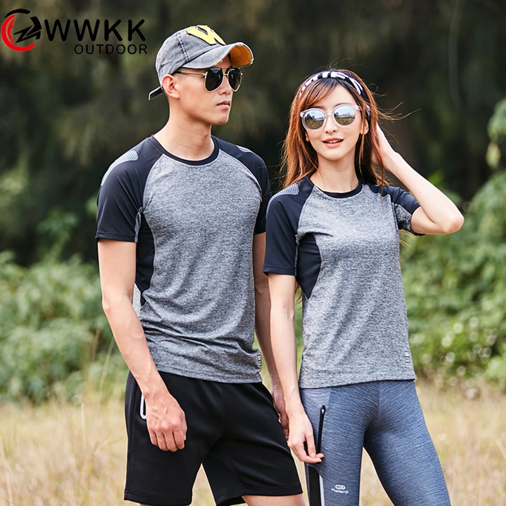 

Couple Models Quick-drying Breathable Short Sleeves T Shirt Neck Elastic Lovers Tees Stitching Color Moisture Wicking Lasting