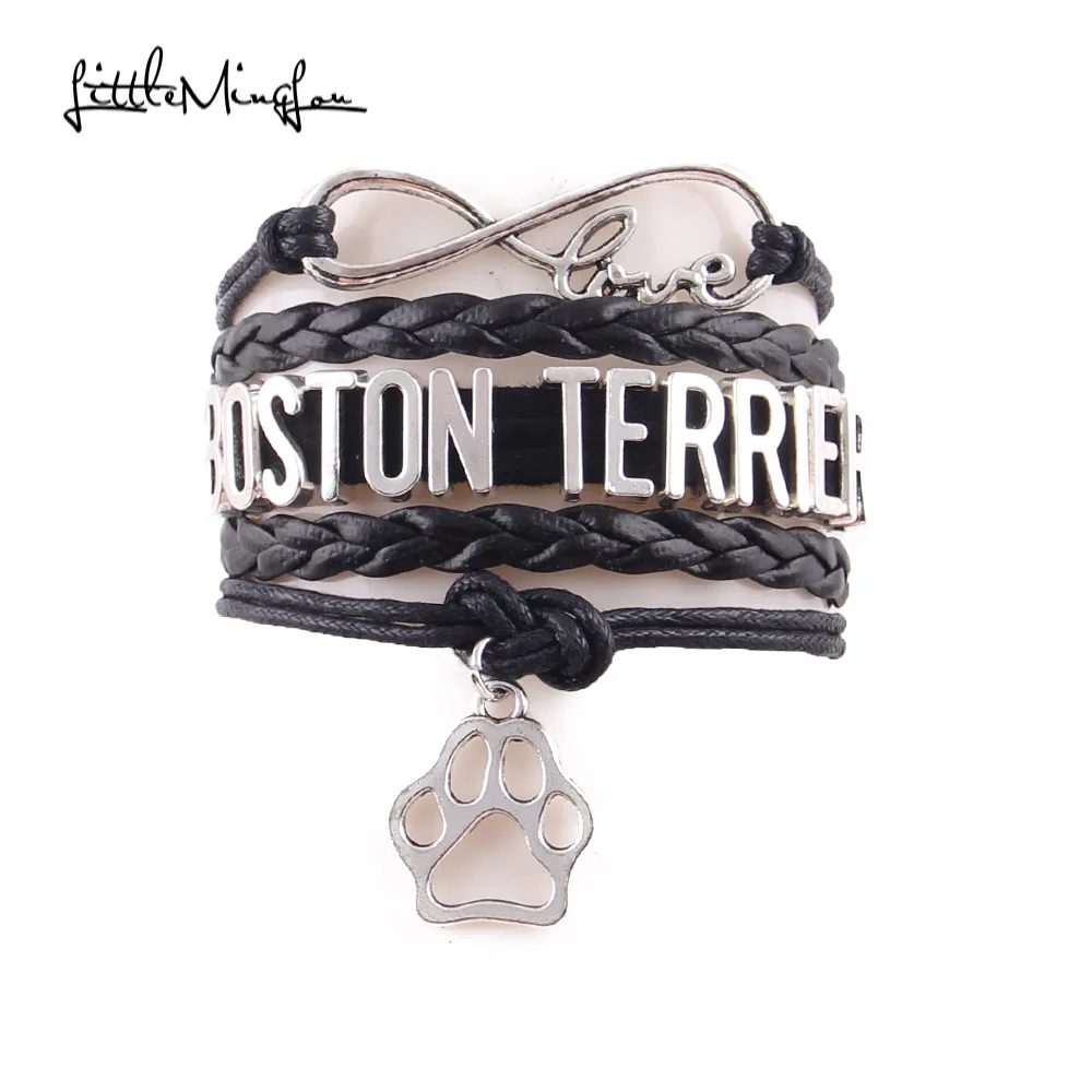 

Little Minglou Infinity Love BOSTON TERRIER bracelet dog animal pet paw charm leather bracelets & bangles for women men jewelry