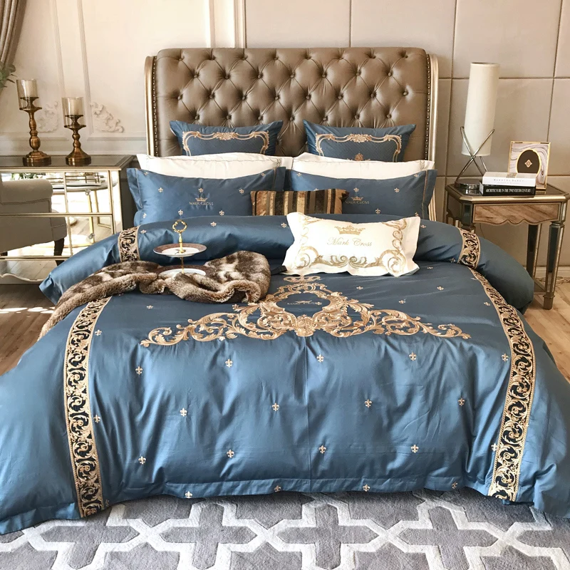 Luxury Blue 120s Egyptian Cotton Embroidery Royal Bedding Sets