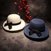 Summer Floppy Straw Beach Sun Hats For Women Classic Wide Brim Panama Hat Fashion Brief Solid Bow-Knot Caps Party