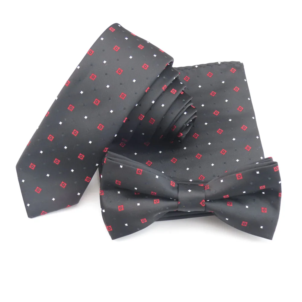 

weiliboyin Men black ties white dot and red plaid bow tie matching narrow necktie pocket Square Red and whit gravata