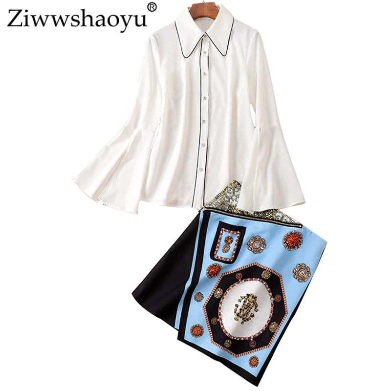 

Ziwwshaoyu Fashion Sets Turn-down Collar Flare Sleeve shirt + diamond Print skirt Sets Spring and summer new women's