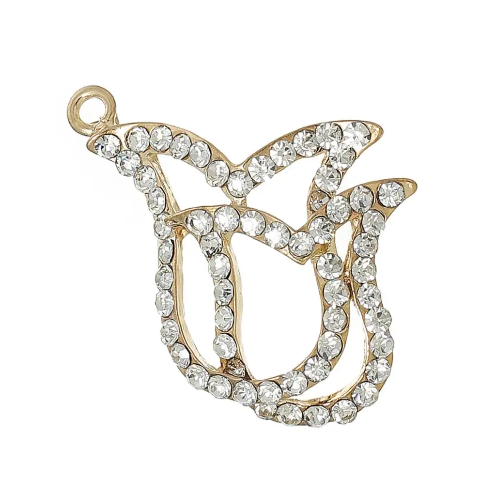 8SEASONS Charm Pendants Tulip Flower Gold Plated Clear Rhinestone Hollow 35.0mm(1 3/8&quot) x 34.0mm(1 2 PCs | Украшения и