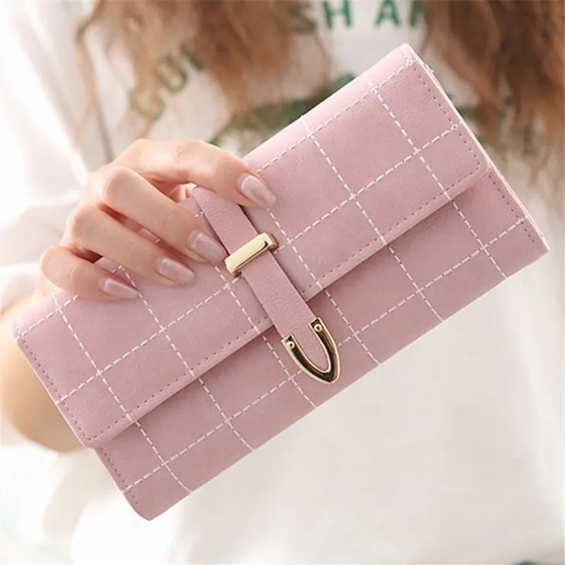 

Plaid Scrub Women Wallet Fashion Long Lady Hasp Wallets Solid Color High Quality Pu Clutch Woman Multifunction Simple Coin Purse
