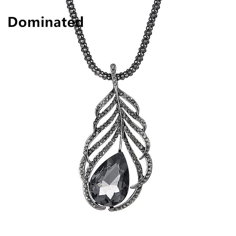

Dominated Fashion Feather Female Grey Crystal Long Elegant Simple Necklace
