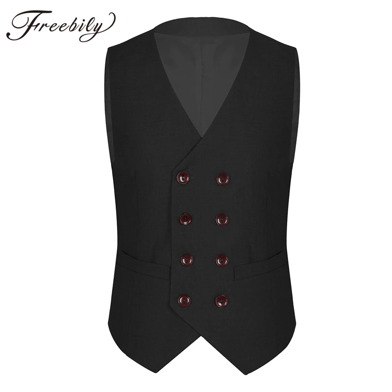 

Mens Suit Vest V-Neck Sleeveless Button Down Double Breasted Slim Fit Solid Color Business Casual Slim Vests Fashion Waistcoat