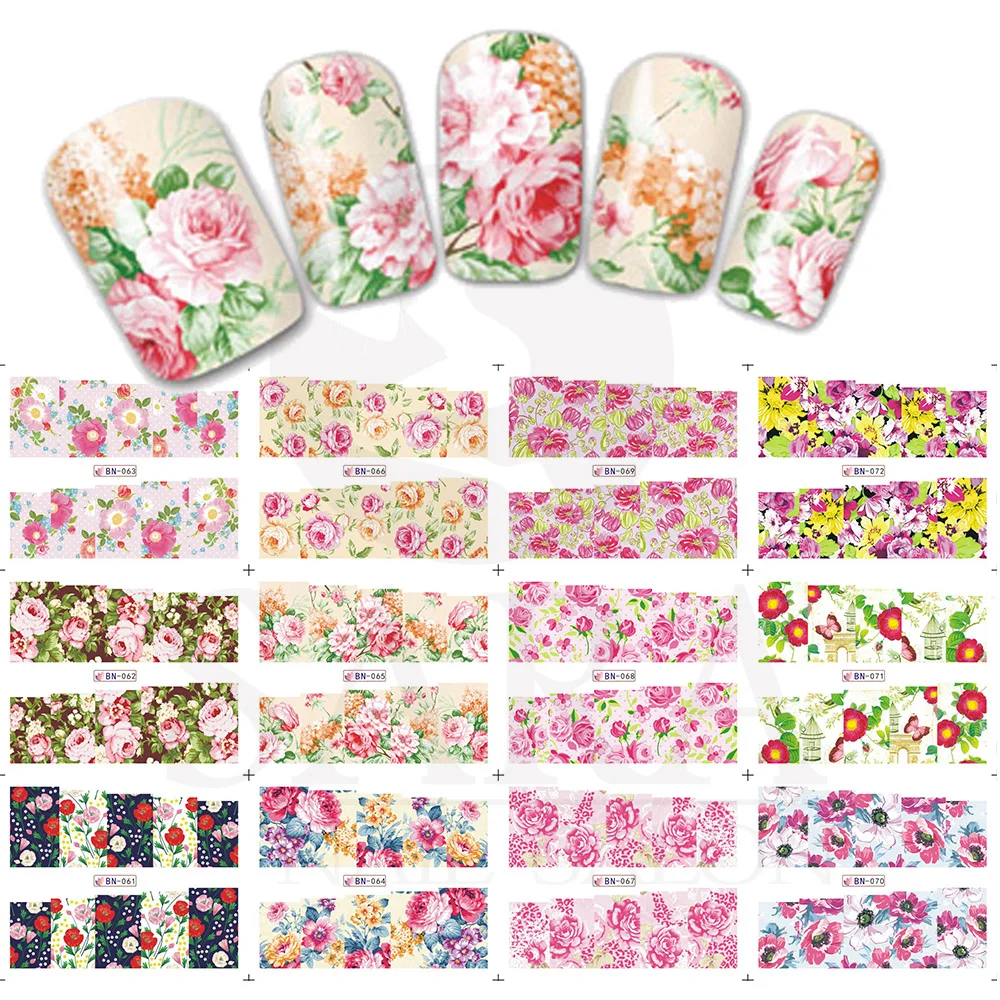 

12Designs/set Flower Stickers Nail Art Water Transfers Decals Wraps 12 Pattern Water Transfer Nail Sticker SABN061-072