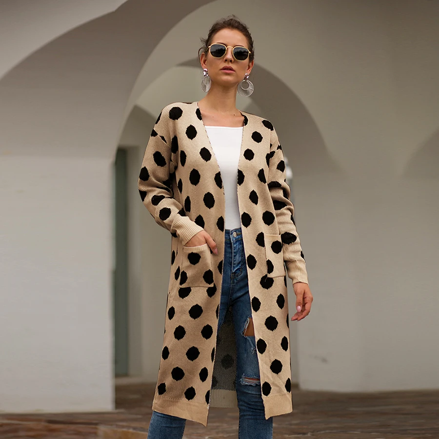 

Womens Long Cardigan Dot Print Coat Autumn Spring Knit Button V-neck Long Sleeve Japan Woman Sweaters Dress Female Tops VD30861