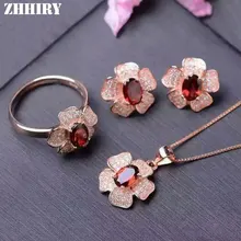 ZHHIRY Natural Garnet Gemstone Jewelry Set Genuine 925 Sterling Silver Necklace Pendant Ring Earring Fine Jewelry