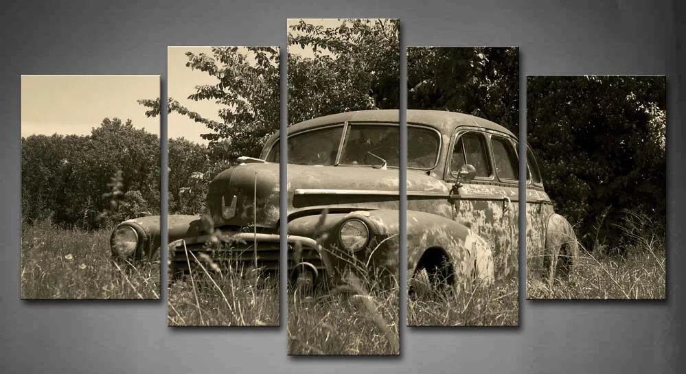 

Framed Wall Art Pictures Car Field Rural Canvas Print Artwork Car Modern Posters With Wooden Frames For Living Room