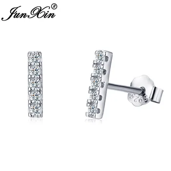 

JUNXIN White Gold Filled Bar Stud Earrings For Women Rose Gold Small White Zircon Double Earrings Female Wedding Studs CZ