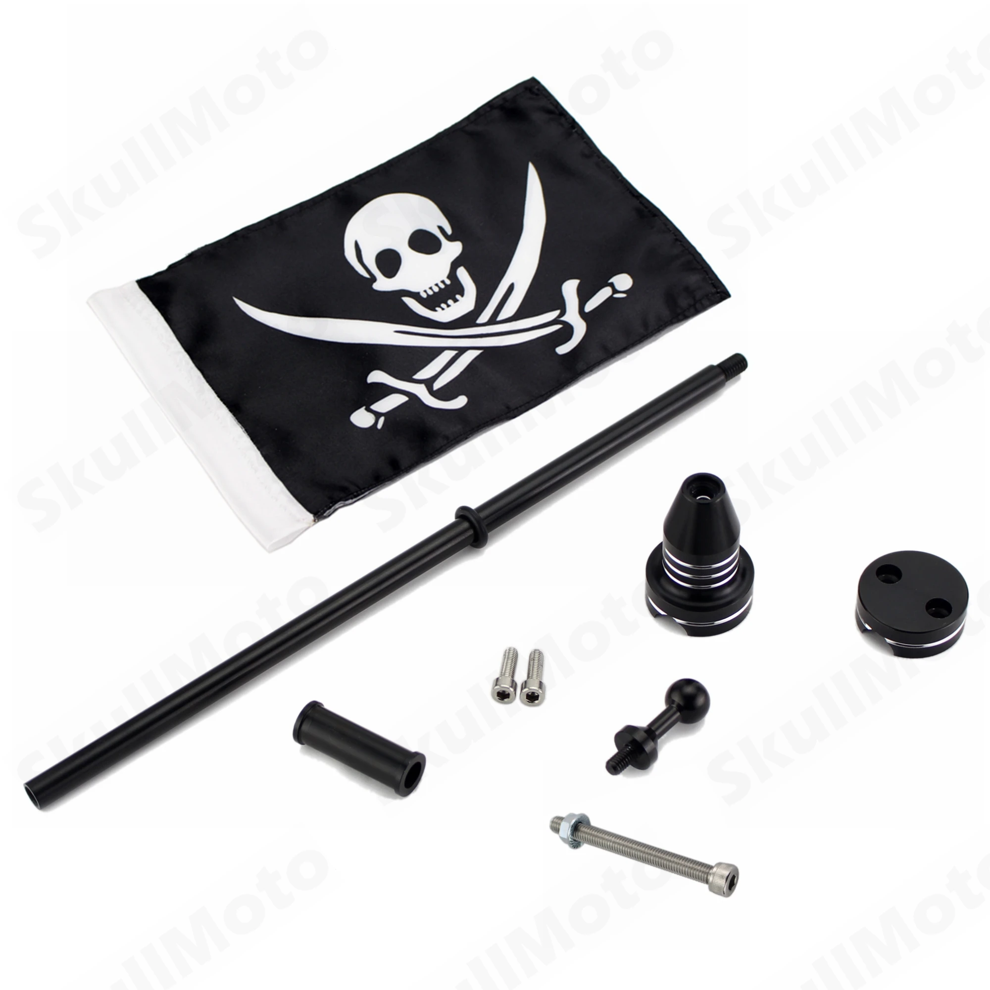 

Black motorcycle CNC rear side-mounted flagpole skull logo Pirate flag for Harley cruiser