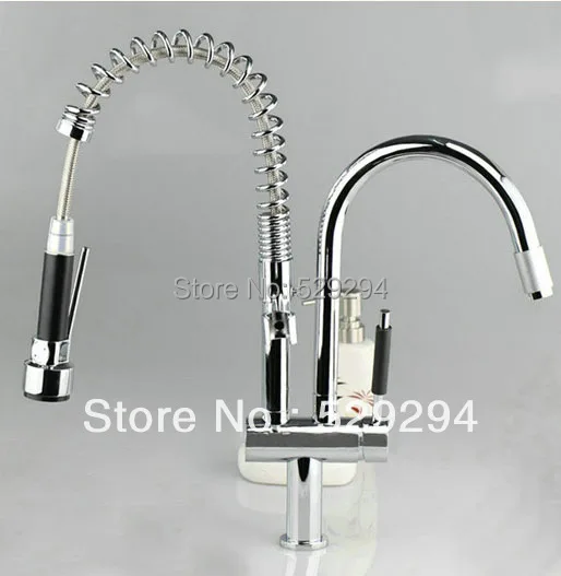 Double Spouts Kitchen faucet with pull out flexible spray. brass body water faucet. Chromed sink