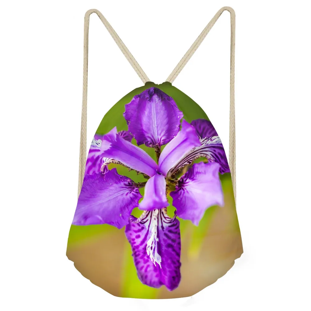 Purple Flower Iris Printed Women Drawstrings Bags Fashion Storage Backpacks Softback Multifunction Girls Beach BagsSumka