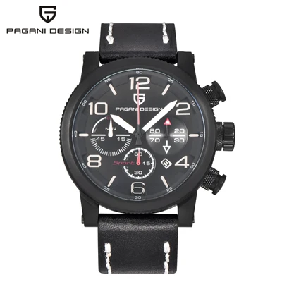 Мужские часы Топ бренд класса люкс PAGANI Дизайн Натуральная кожа кварцевые-часы для мужчин Спорт на открытом воздухе хронограф reloj hombre наручные часы - Цвет: black black black B