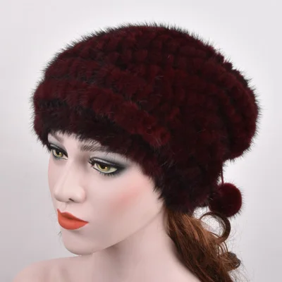 Русский стиль, Осень-зима, уличные теплые женские шапки, Рождественский дизайн, вязаная шапка из натурального меха норки, женская шапка - Цвет: Бургундия