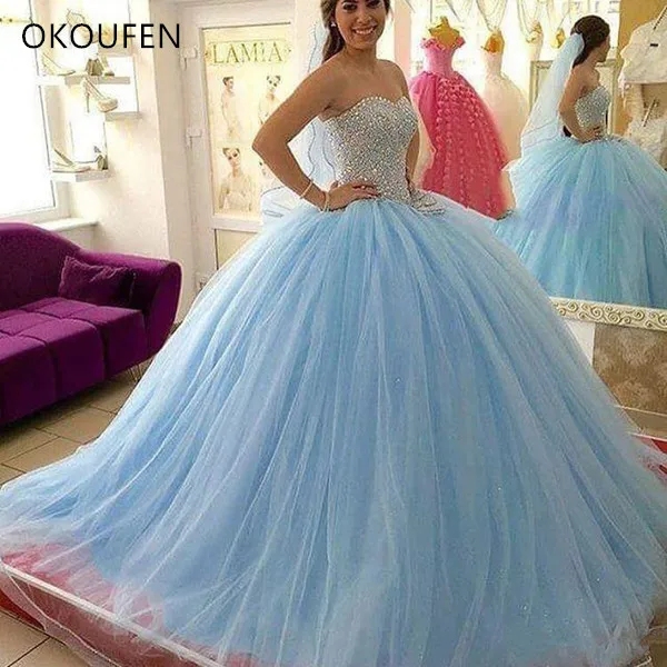 

Light Sky Blue Shiny Quinceanera Dresses Beaded Sweetheart Masquerad Sweet 16 Tulle Ball Gowns Debutante vestidos de 15 anos