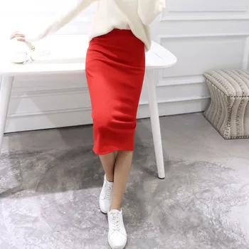 

Solid Color Autumn Winter Bodycon skirt women Mid Calf Slim Pencil skirts for Female Stretchable Split skirt