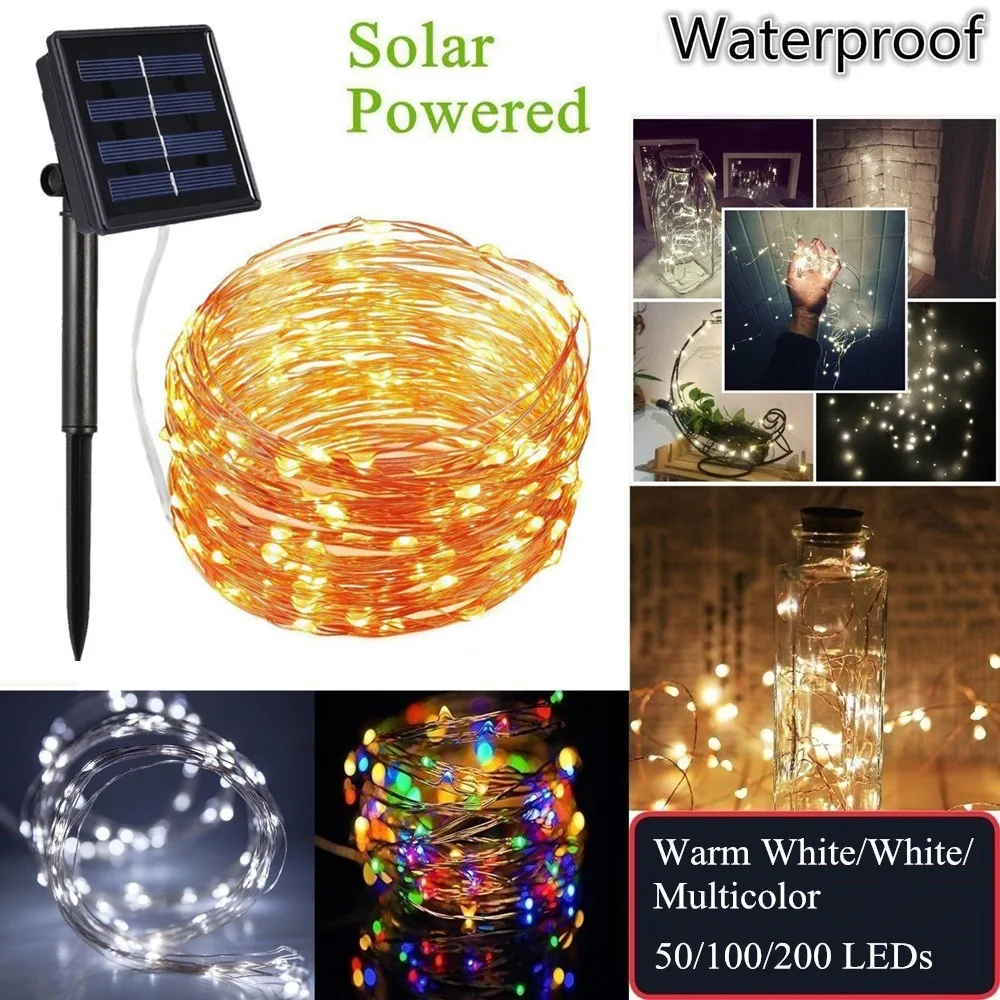 Guirlande lumineuse féerique LED à énergie solaire, fil de cuivre