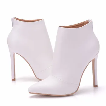 

2019 Women Boots Slip On Footwear Zip Ankle Boots White Leather Boots Women Pumps High Heels 11CM Pointed Toe Boots Female Shoes