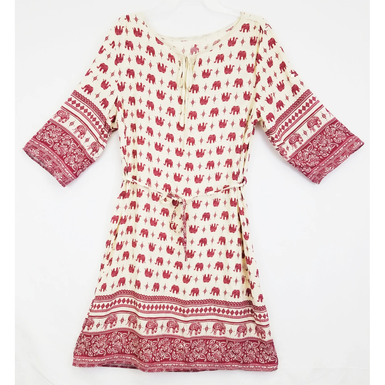 Amtal Women Two Color Red And White  Elephant Design Quarter Sleeve Loose Fit Bohemian Tunic Girls  Dress