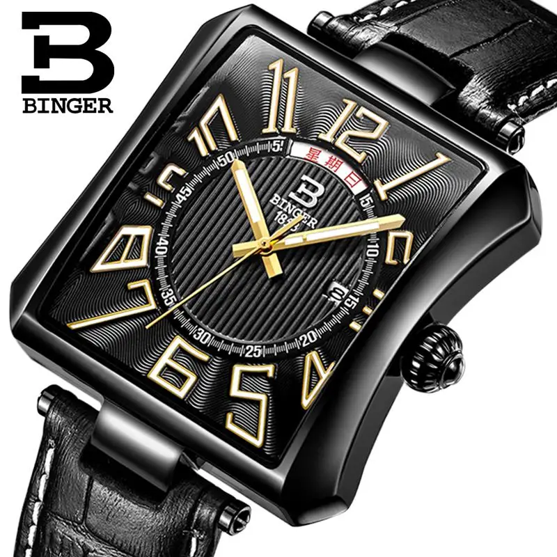 

New Switzerland BINGER Men's Watch Luxury Brand Tonneau Quartz Waterproof Genuine Leather Strap Wristwatches B3038-3